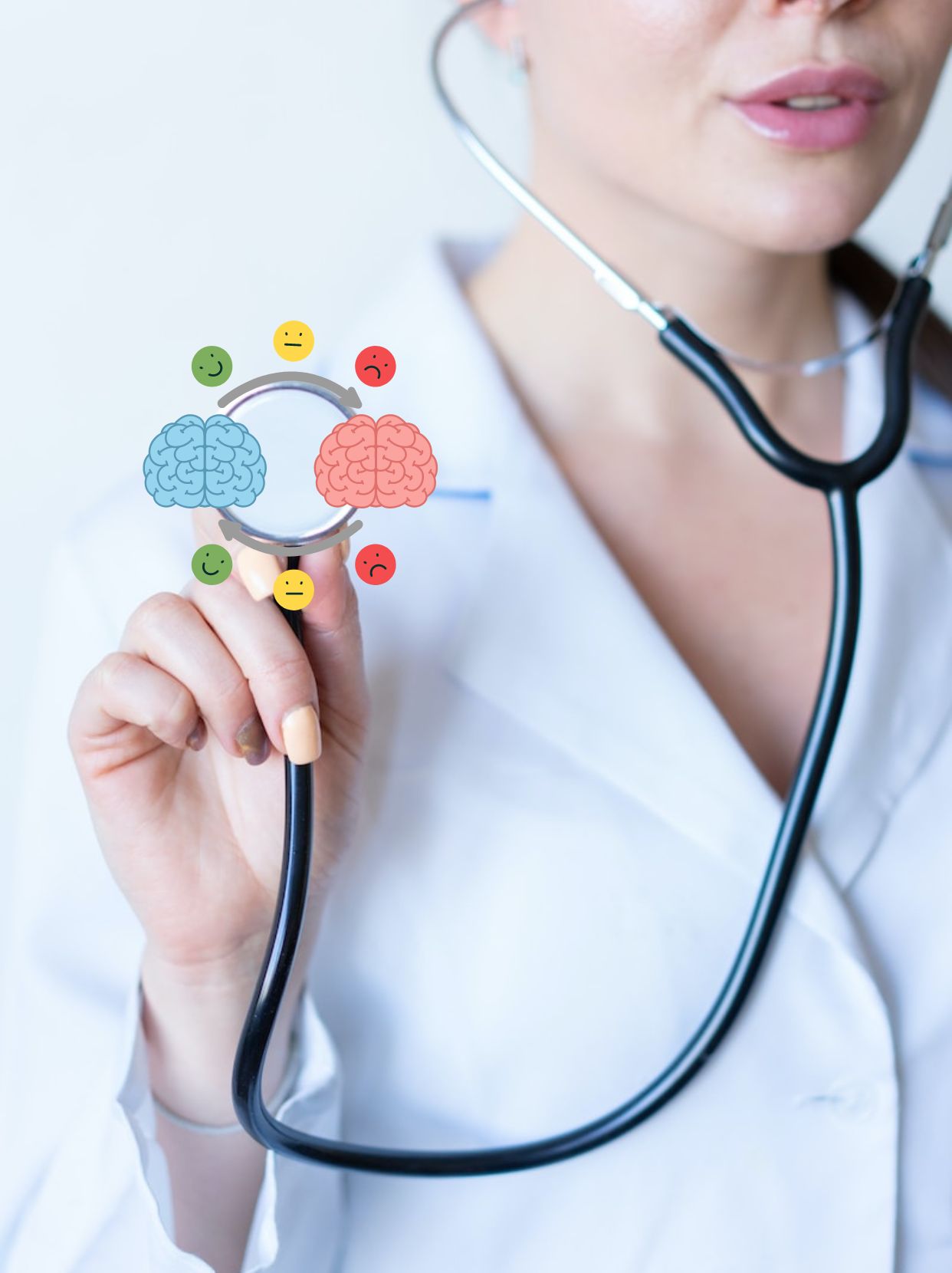 a woman in a white shirt holding a stethoscope